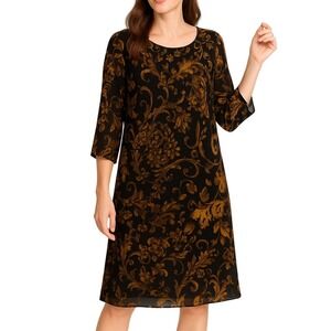Connected Apparel Women's Dress 10 Black Brown Floral Print Sheer Sleeve Midi Lq